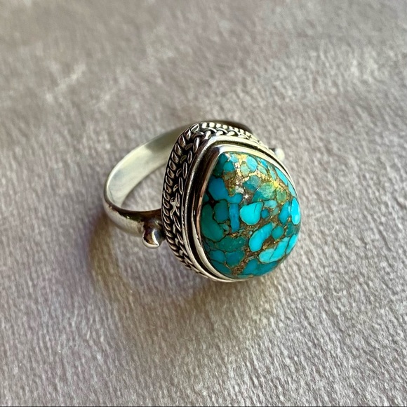 Blue Turquoise Copper Sterling Silver Ring Size 7 - Picture 2 of 10